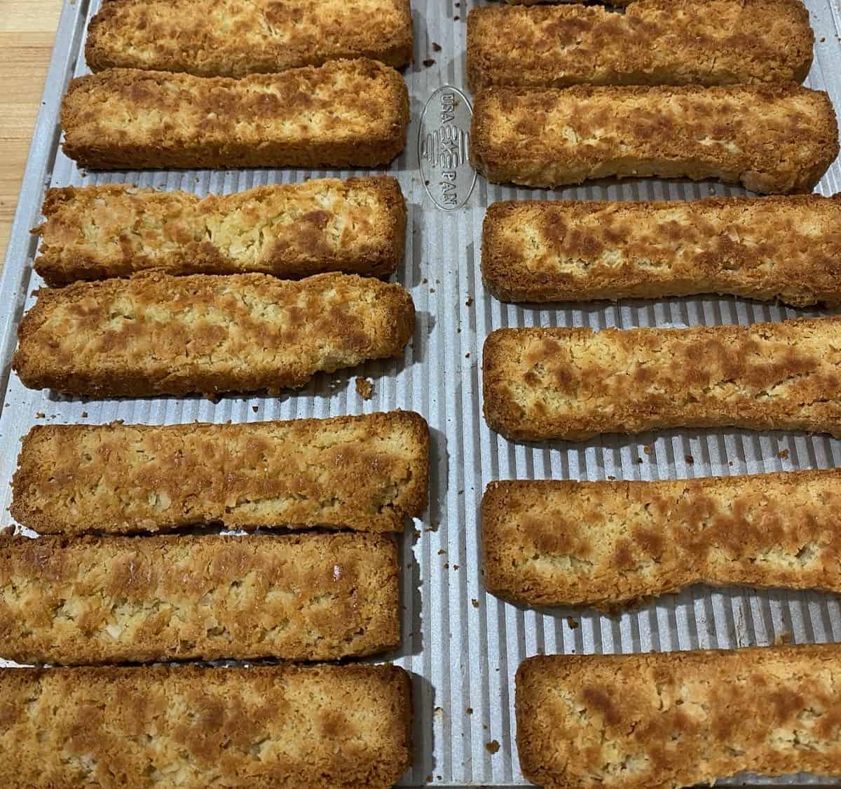 Toasted coconut biscotti  on parchment paper.