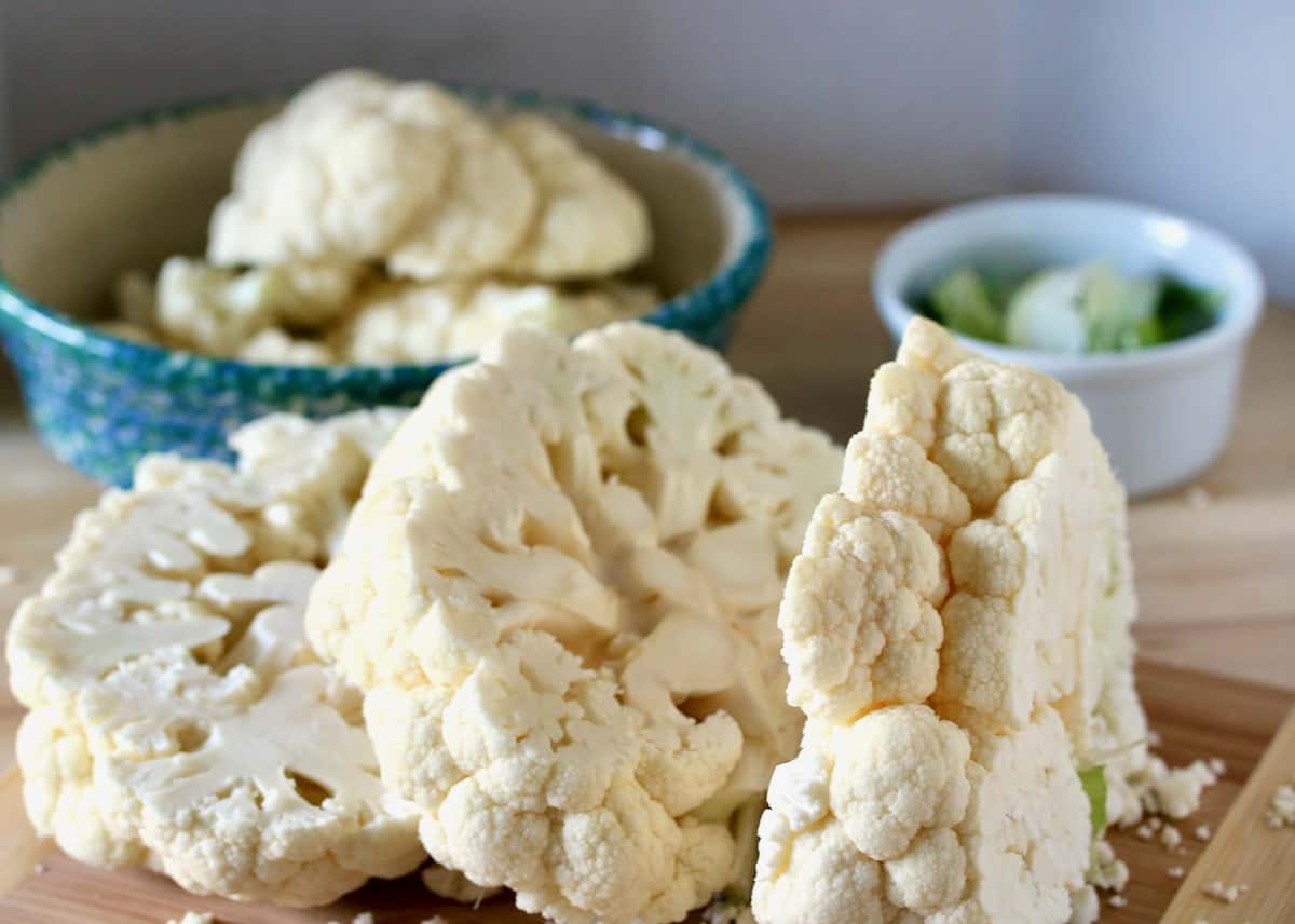 Cauliflower sliced into steaks.