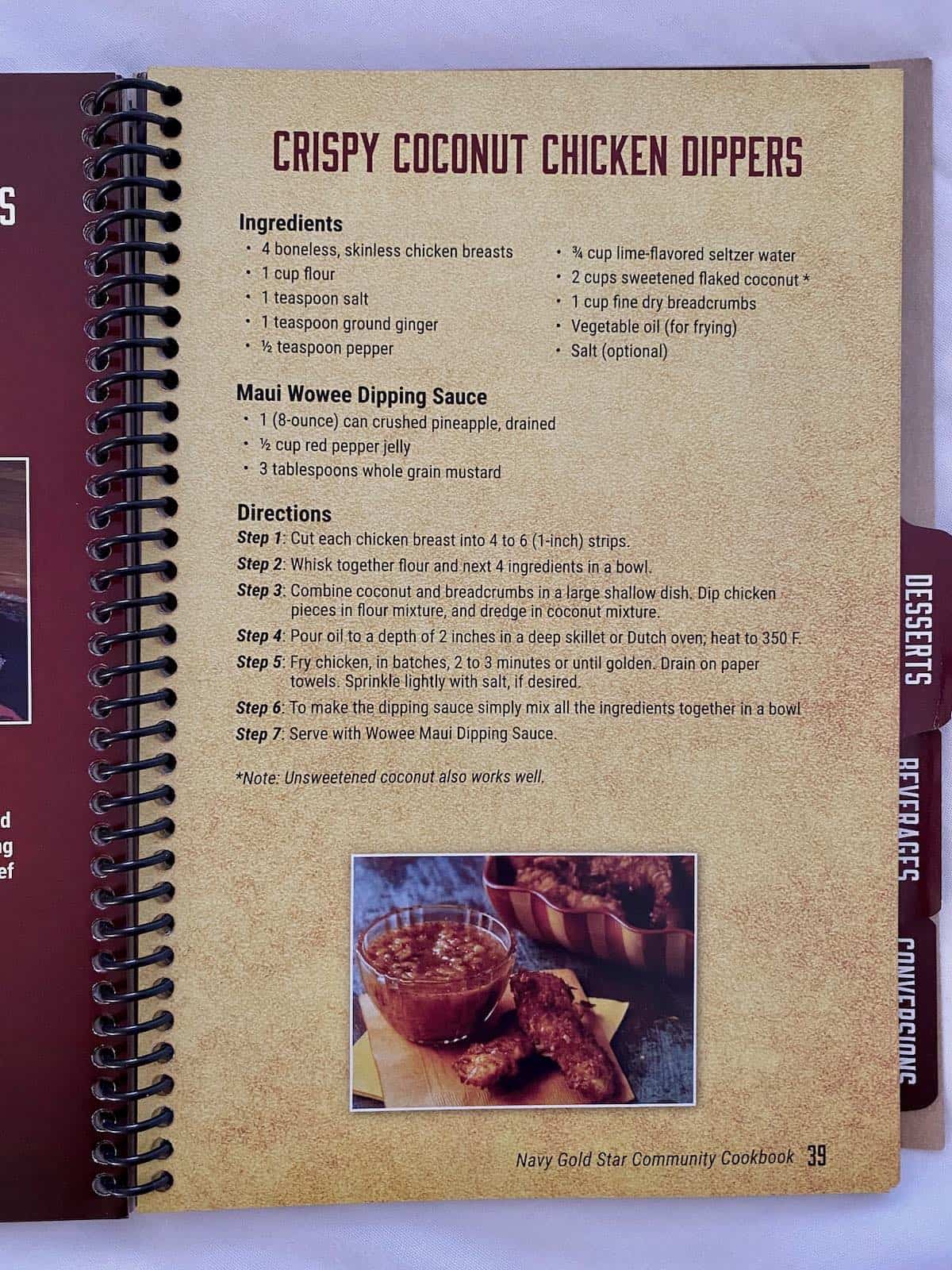 Recipe page in the cookbook for crispy coconut chicken dippers.