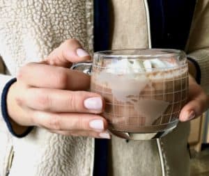 Hands holding cup of hot chocolate.