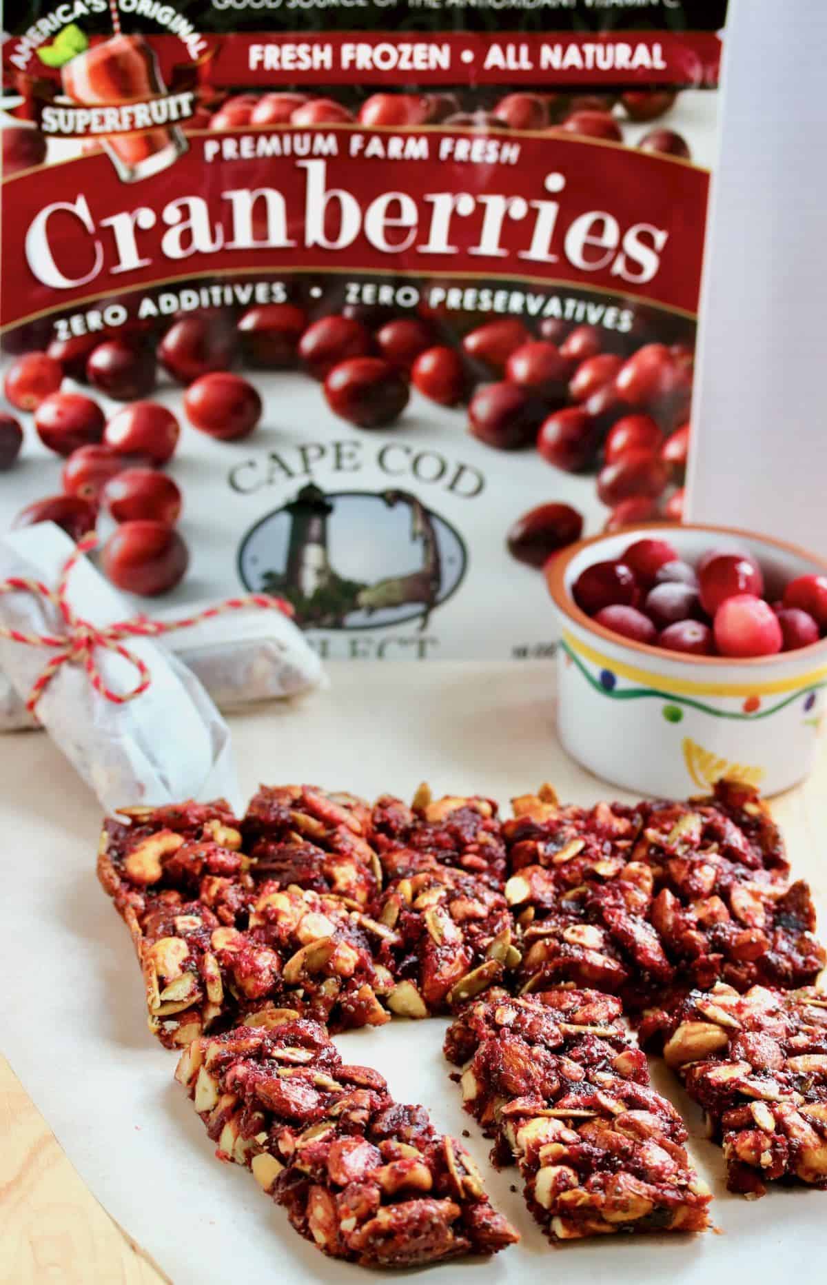 Wrapped bars, sliced bars, fresh cranberries with pproduct package.
