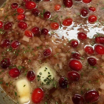 Pan of cranberry agrodolce sauce is a best cranberry recipe.
