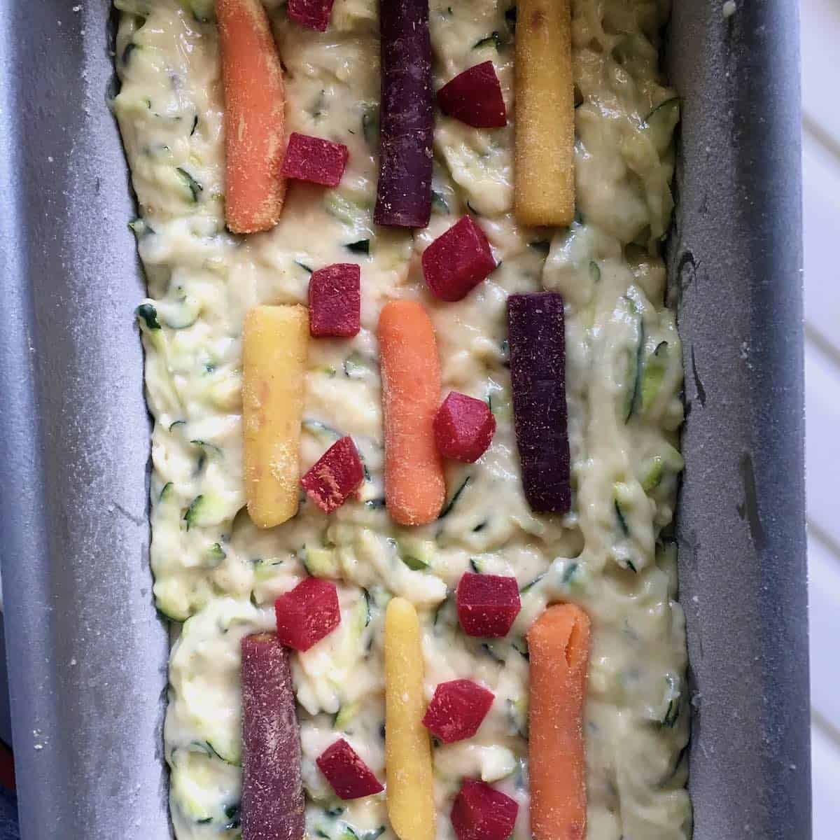 Batter in pan for funfetti zucchini bread.