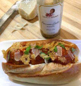 Fontina Stuffed Chicken Mushroom Meatball Sub with Crispy Cheese Frico.