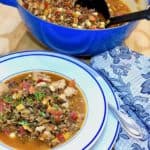 Your favorite recipe for 2017 wild rice chicken soup and pot of soup with ladle.