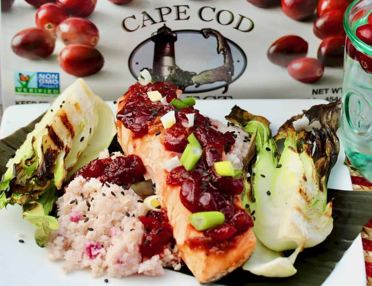 Grilled Cranberry Glazed Salmon In Banana Leaf With Cranberry Cauliflower Rice.