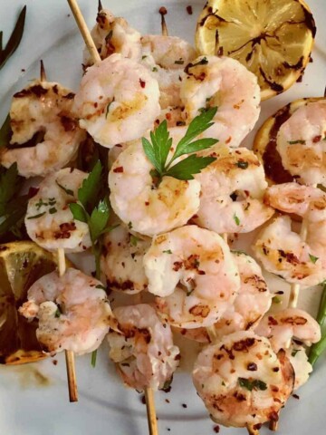 Skewers of Meyer Lemon Grilled Butter Shrimp.