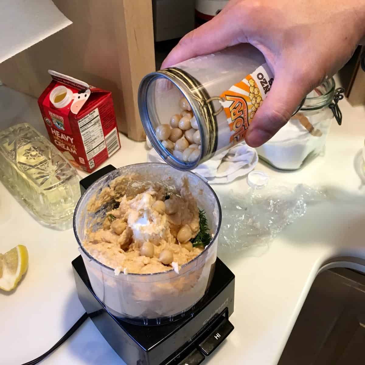Food processor with ingredients for an easy party pate.