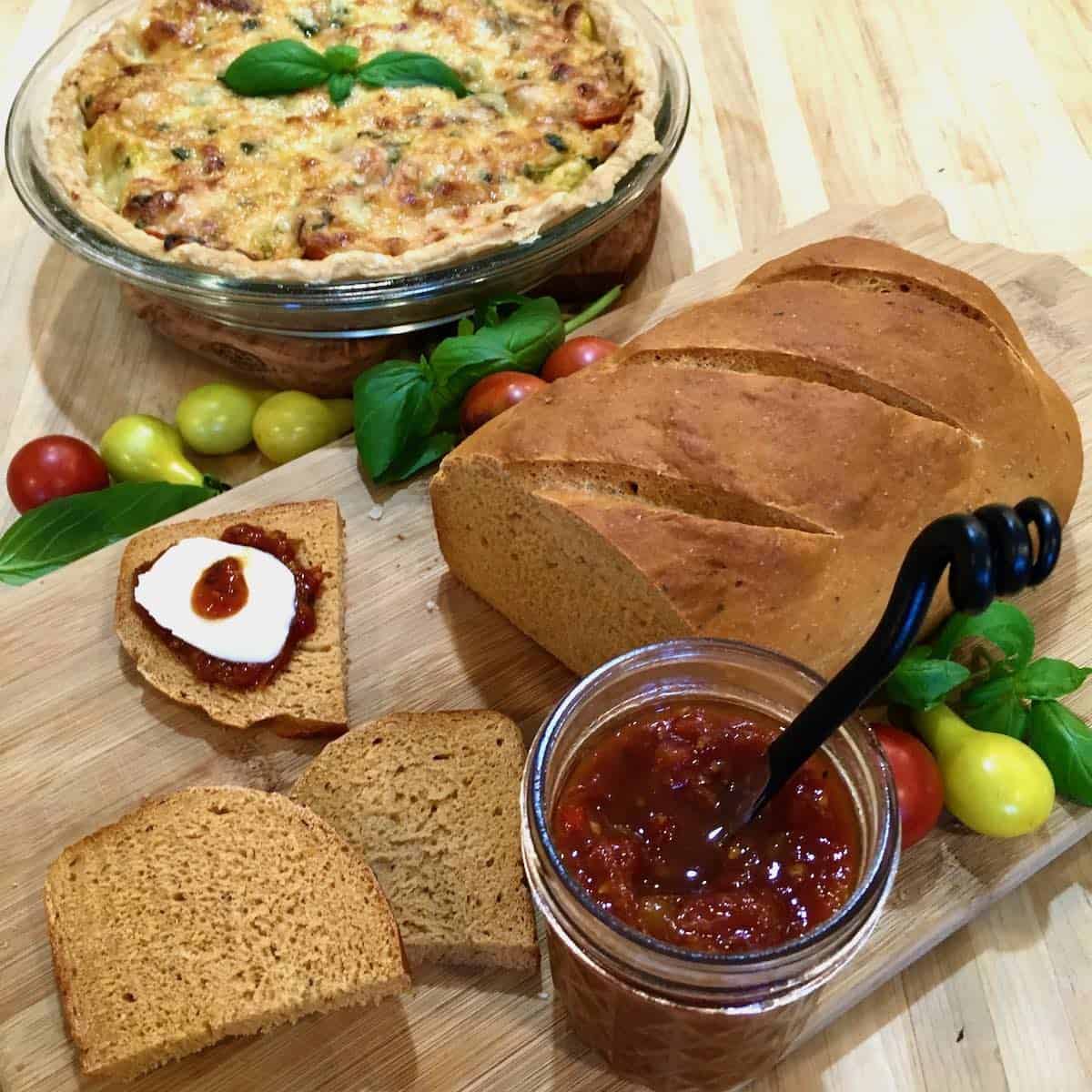 tomato pie, tomato jam and tomato bread