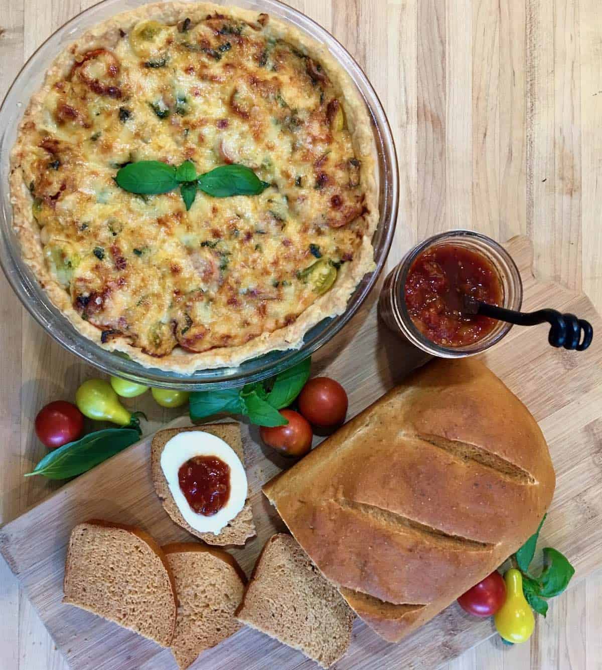 tomato pie, tomato jam and tomato bread overhead shot