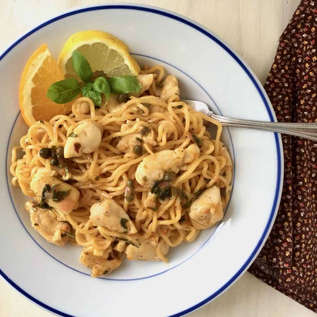 A recipe with yakisoba orange chicken piccata.