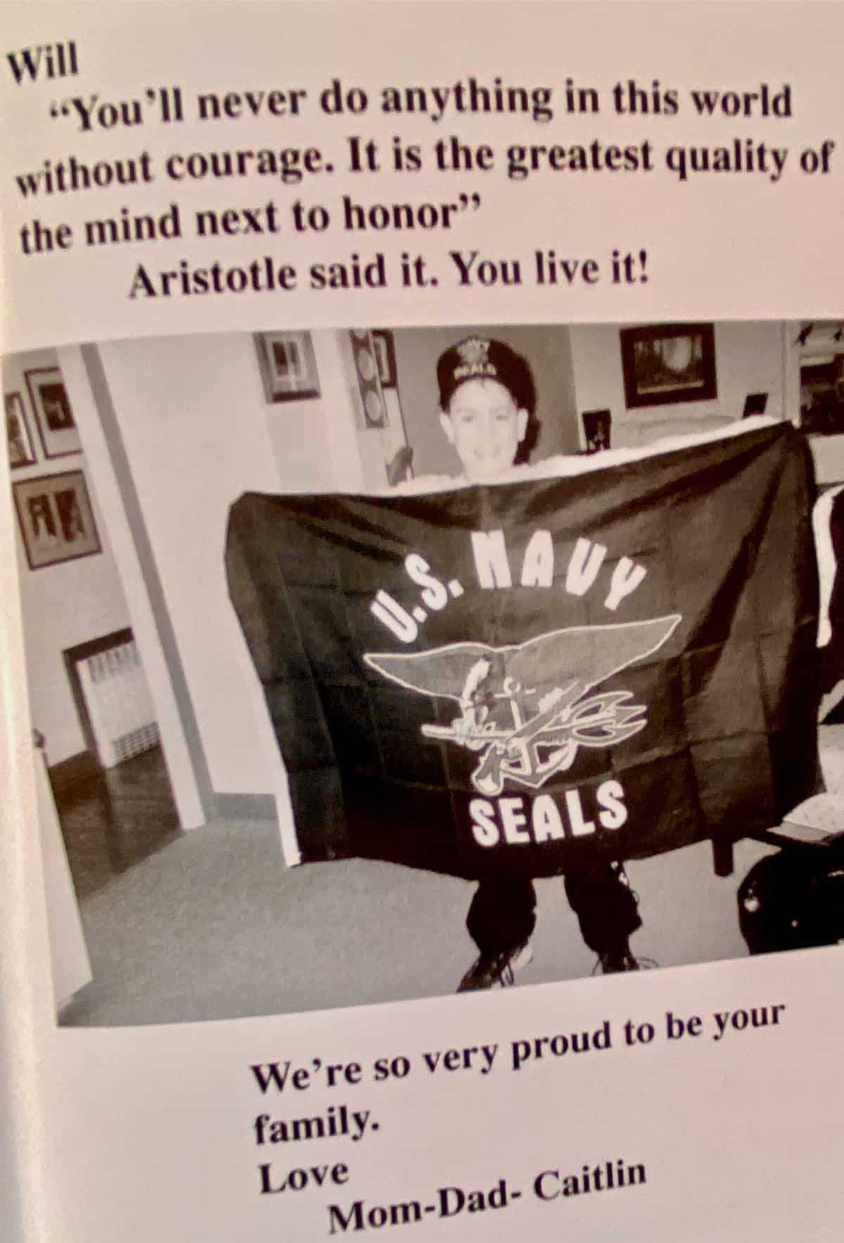 Our letter to Will. Will holding Navy SEALS sign.