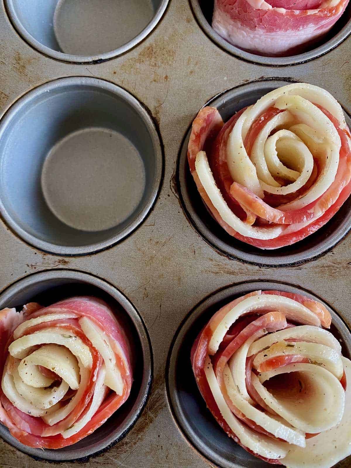 Bacon potato rolled and ready for baking.