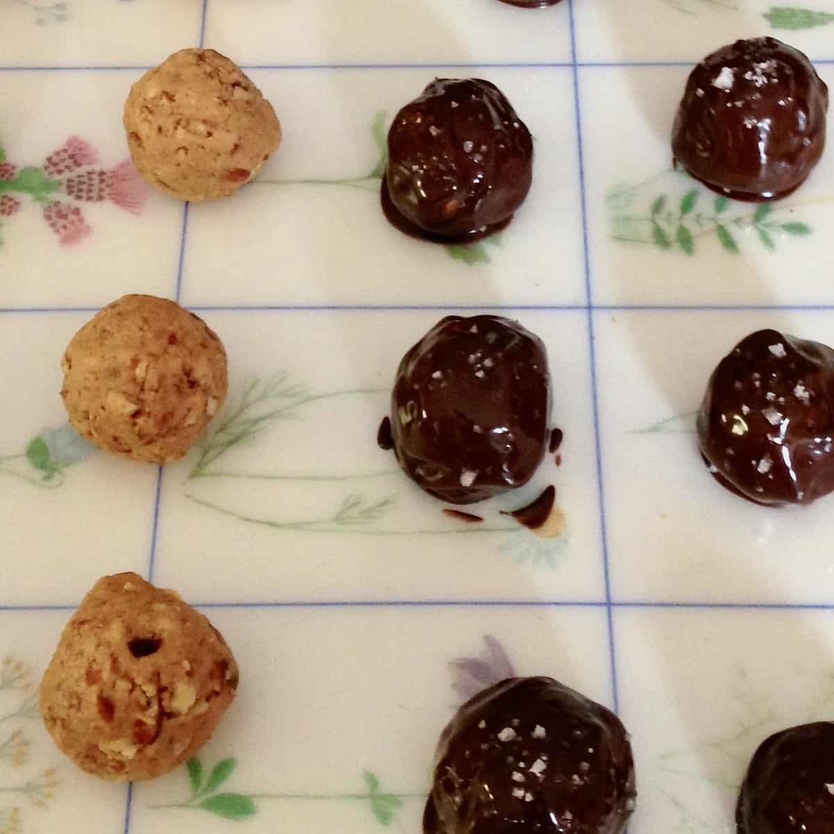 peanut butter pretzel balls before and after covered in chocolate
