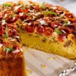 Sweet Yellow Cornbread, Sausage and Tomato Pie with a Garlic Cream Drizzle