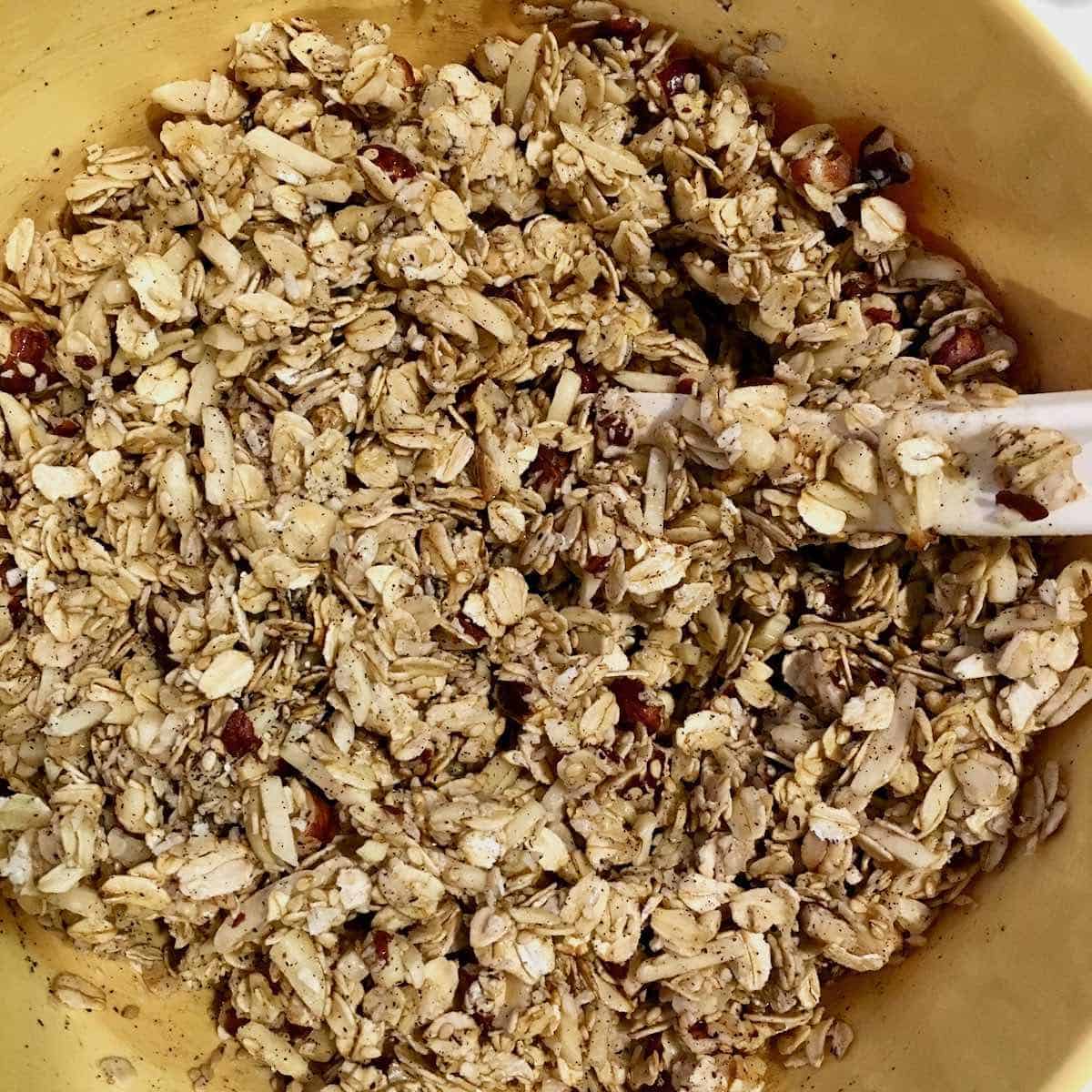 Mixing granola.