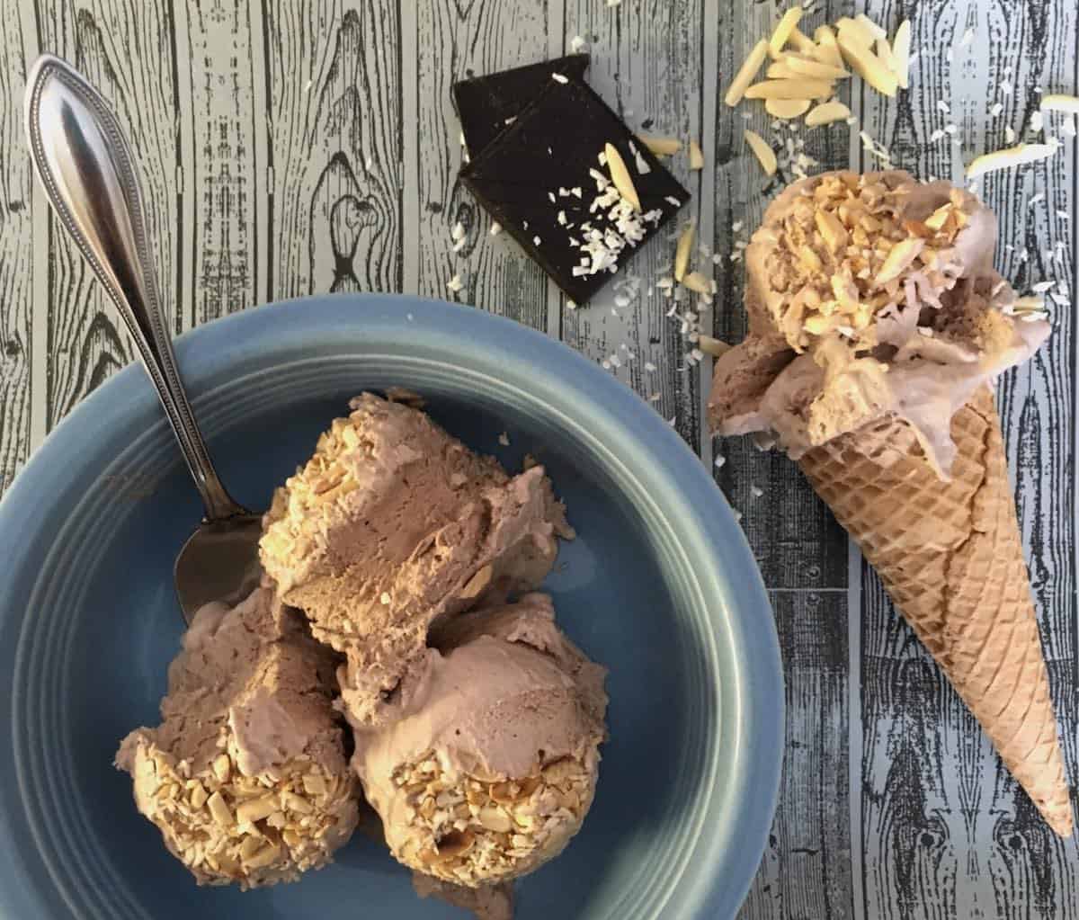 Almond joy no churn ice cream cone and scooped into bowl.
