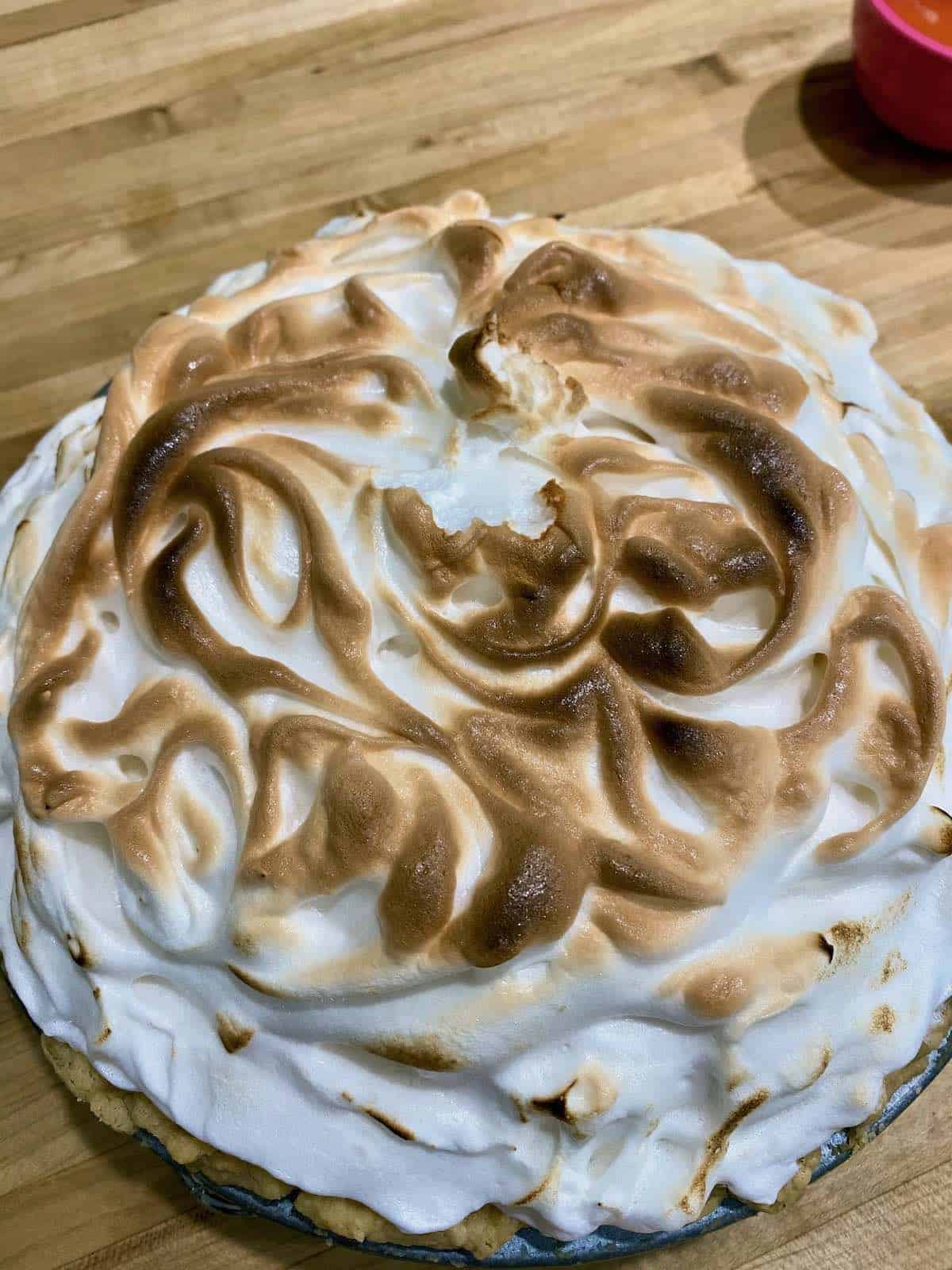 Toasted top of lemon meringue pie.
