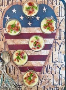 potato leek soup shooters on a patriotic tray