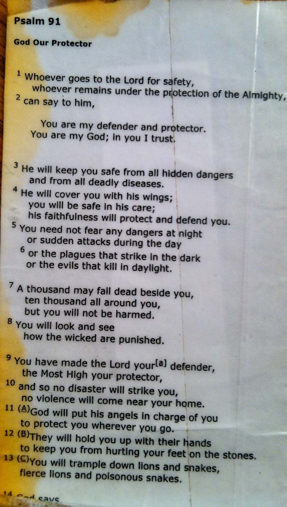 Well used prayer card in Afghanistan; found in his wallet.