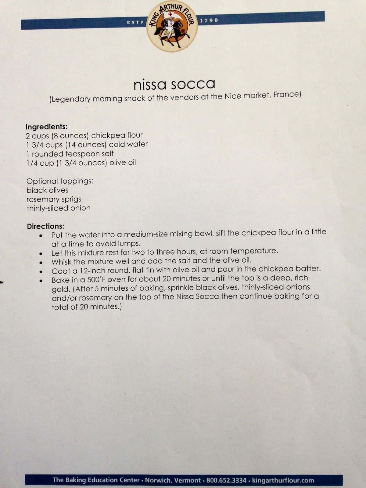 Nissa socca recipe card.