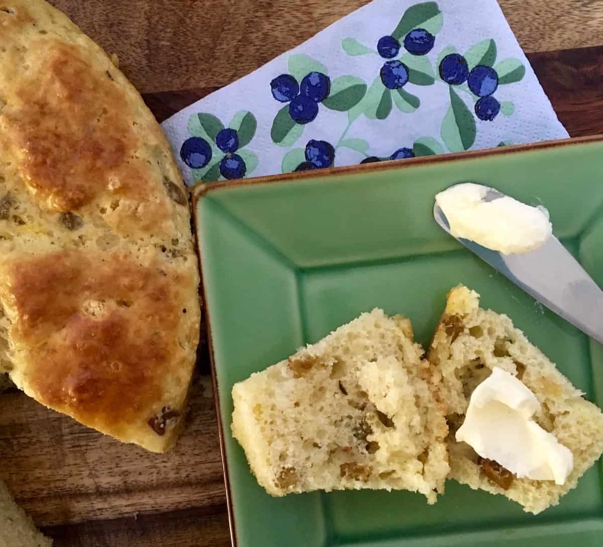 Slice of bread with butter.