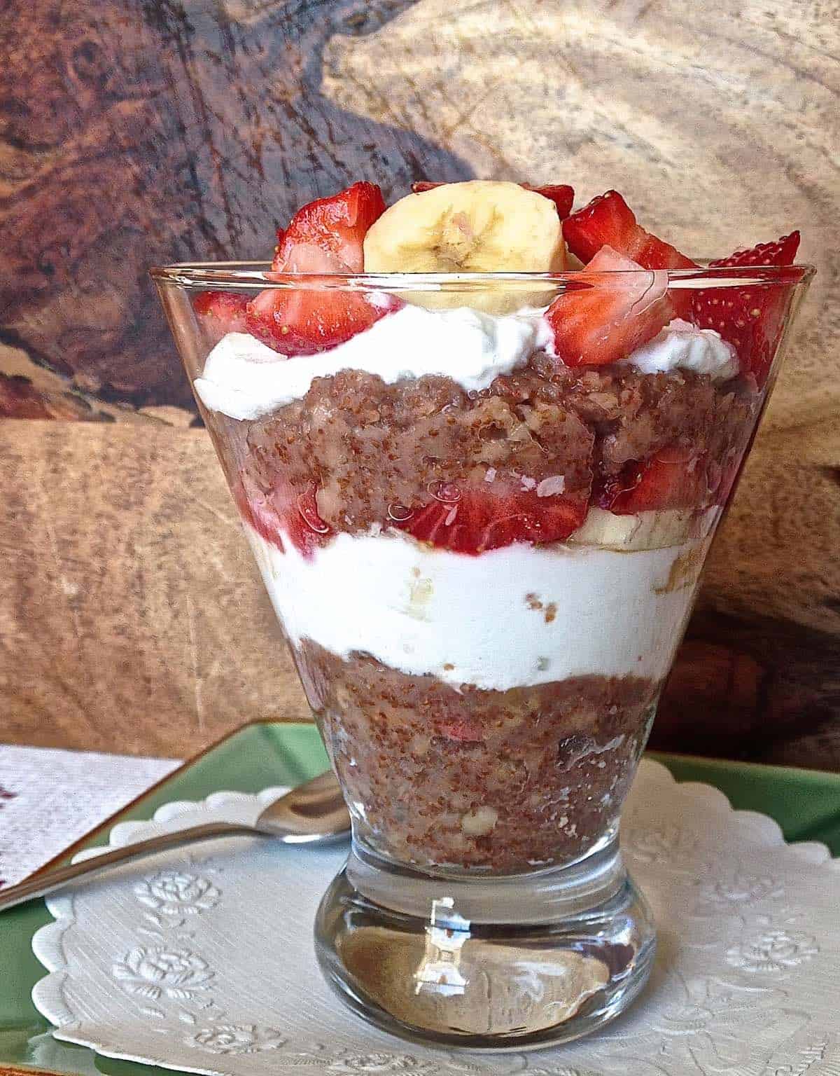 Toasted teff and oats breakfast parfait.
