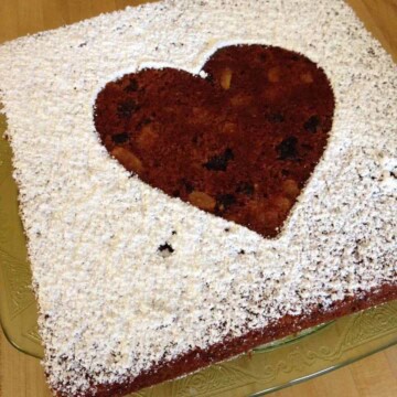 Spirited tomato cake with a heart stencil.