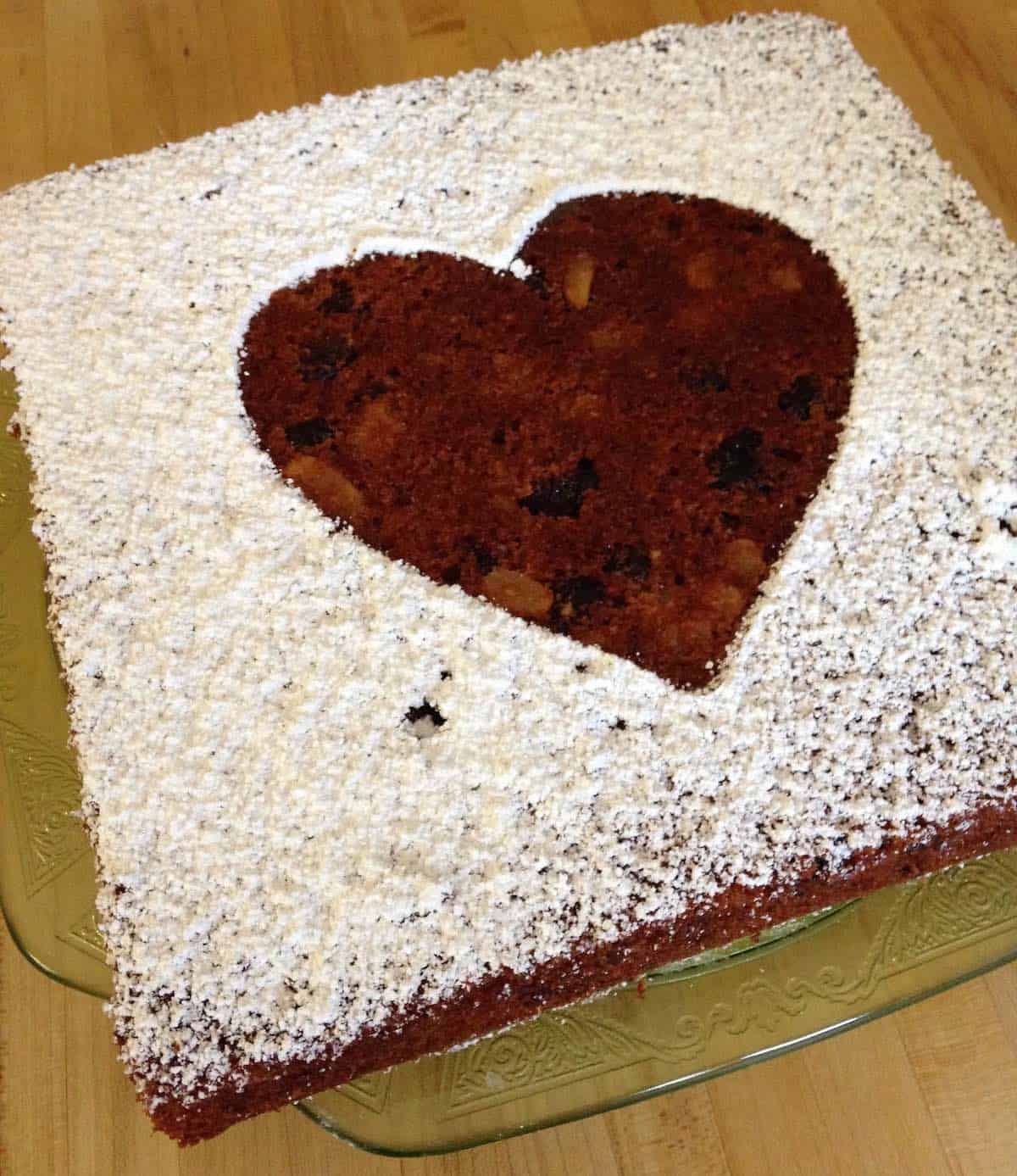Spirited tomato cake with a heart stencil.