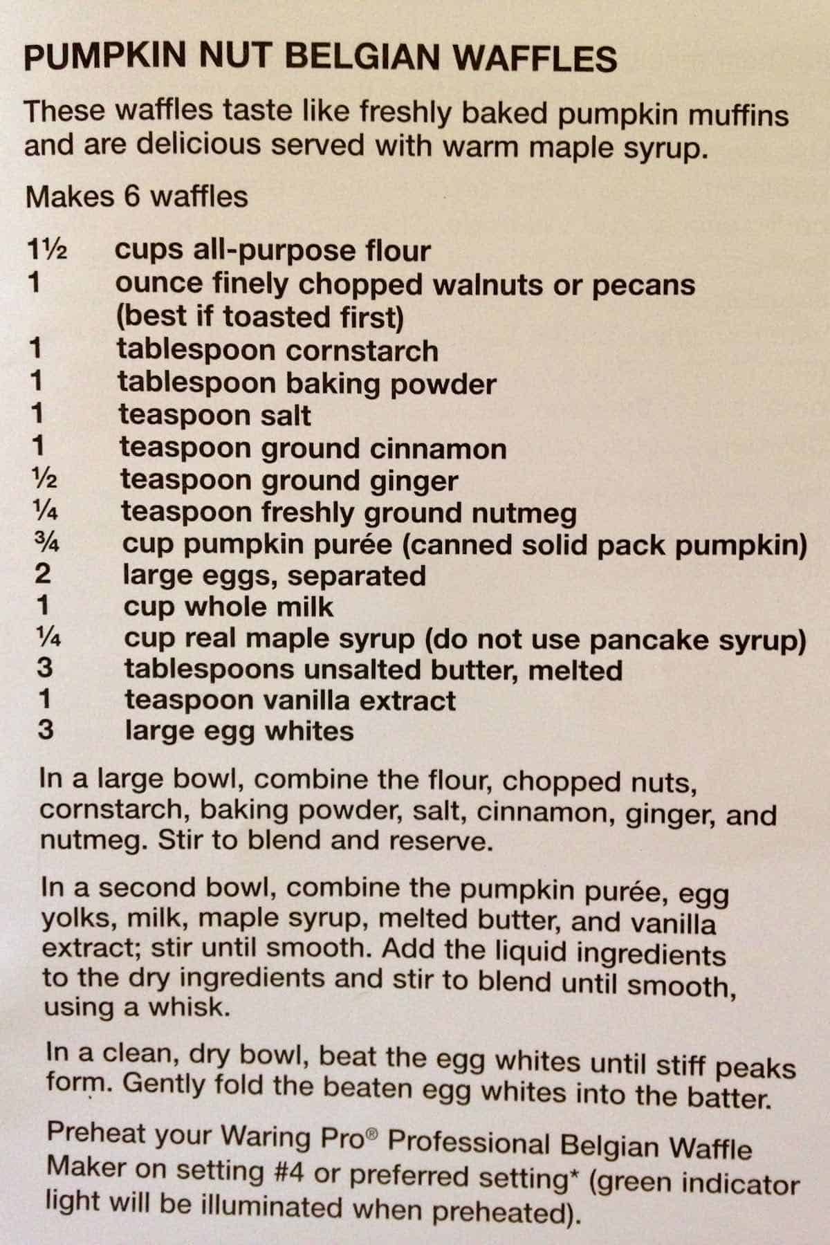 Pumpkin nut belgian waffle recipe card for Most Delicious Belgian Waffles.