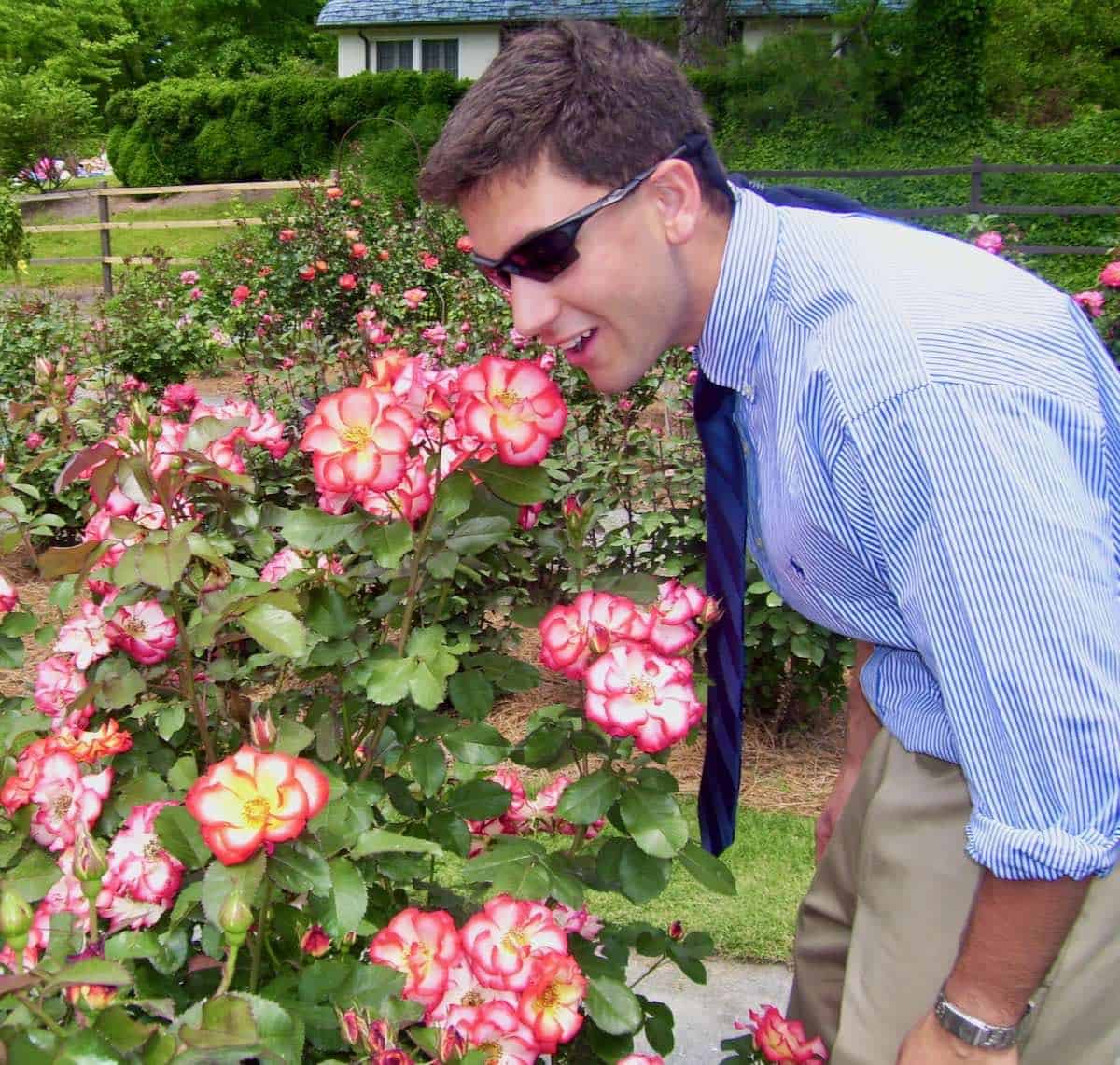 My son in a rose garden.
