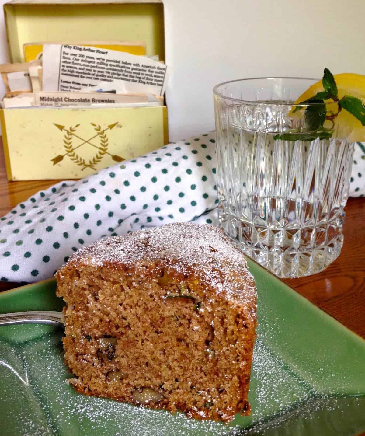 Slice of chocolate mint zucchini bread .