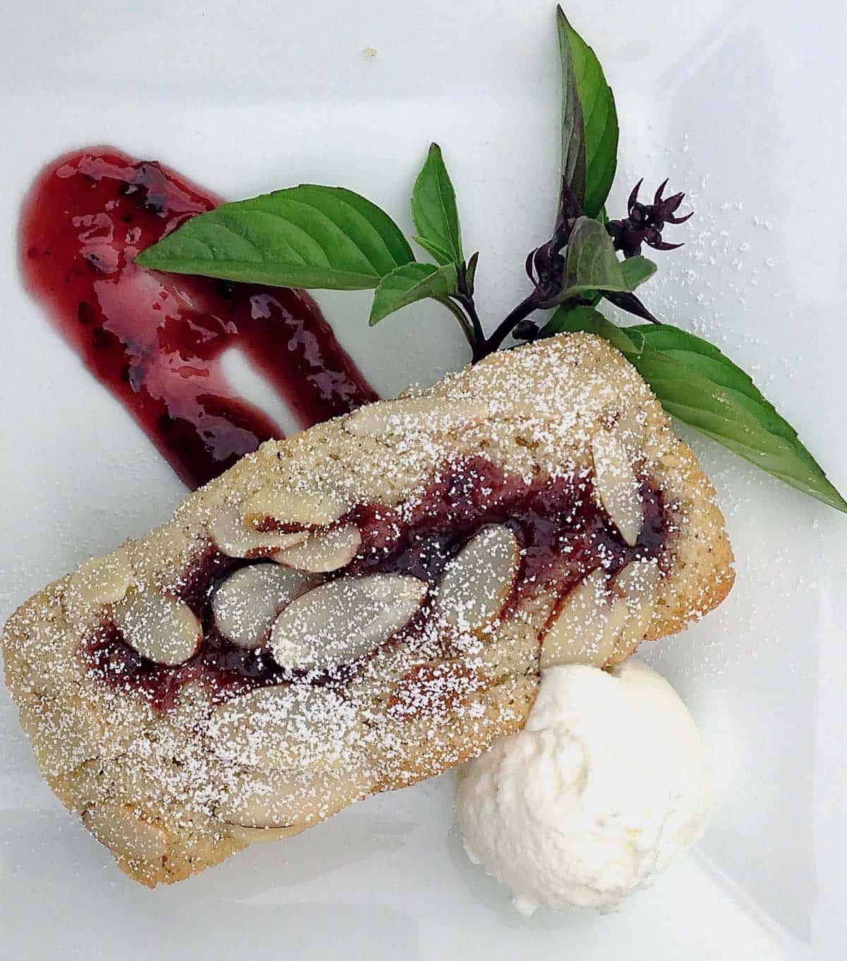 Little blackberry almond cakes with Thai basil.