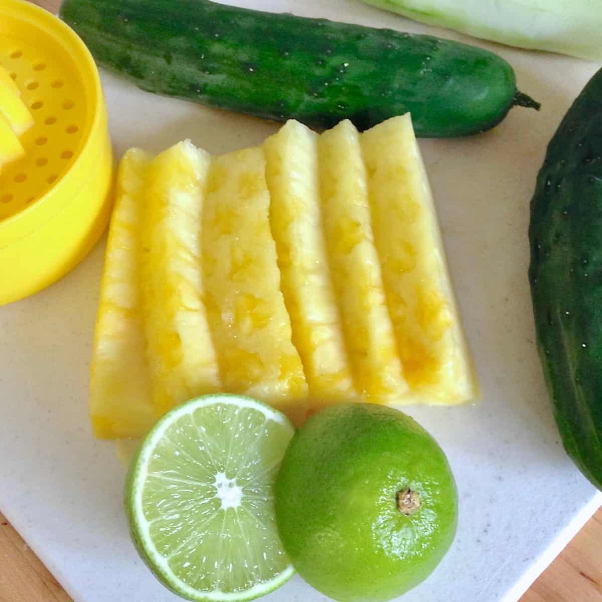 fresh cucumbers from the garden and sliced pineapple for Fresh Pineapple Cucumber Sorbet.