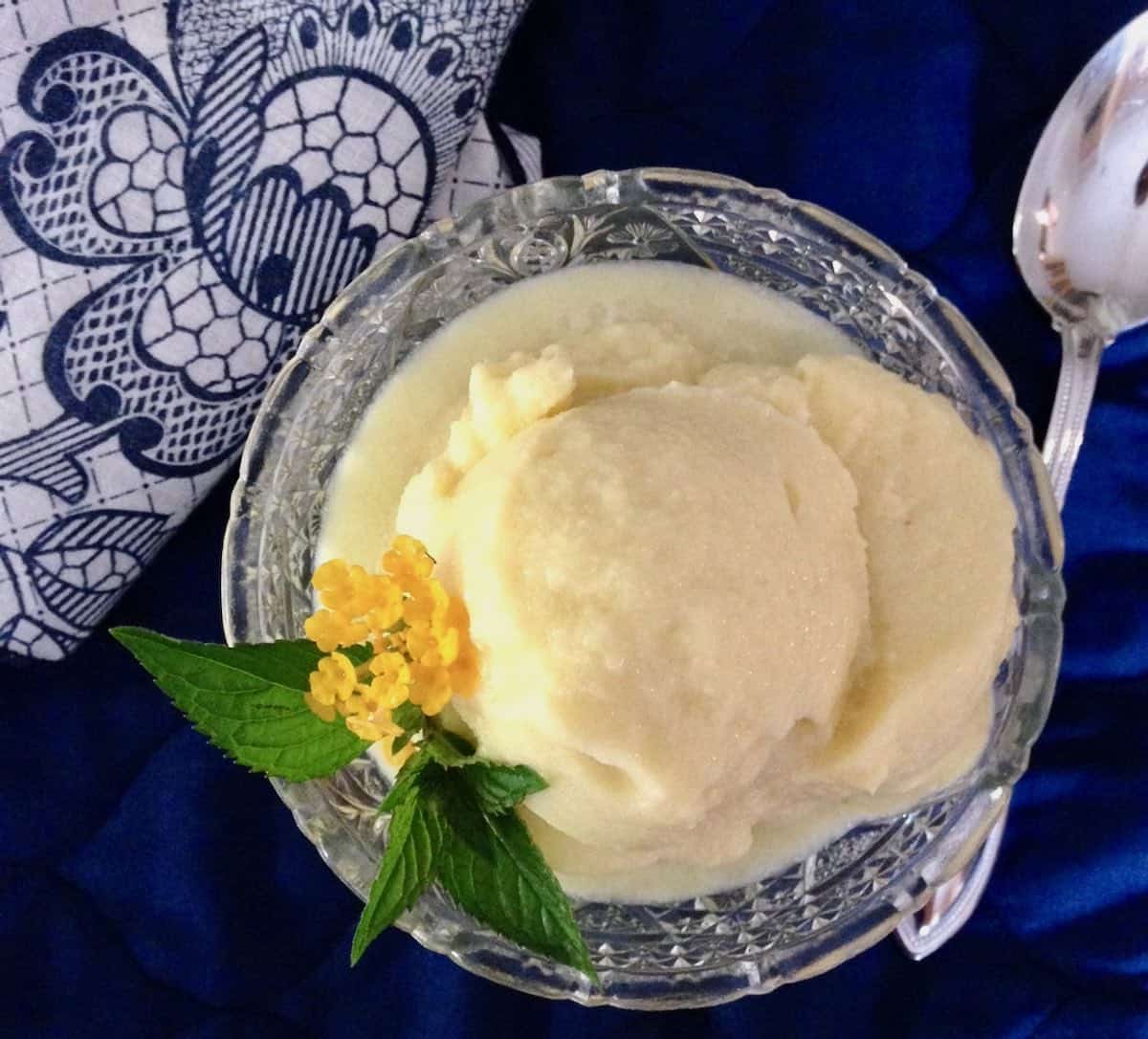 no borage-use mint and another pretty flower for garnish on Fresh Pineapple Cucumber sorbet