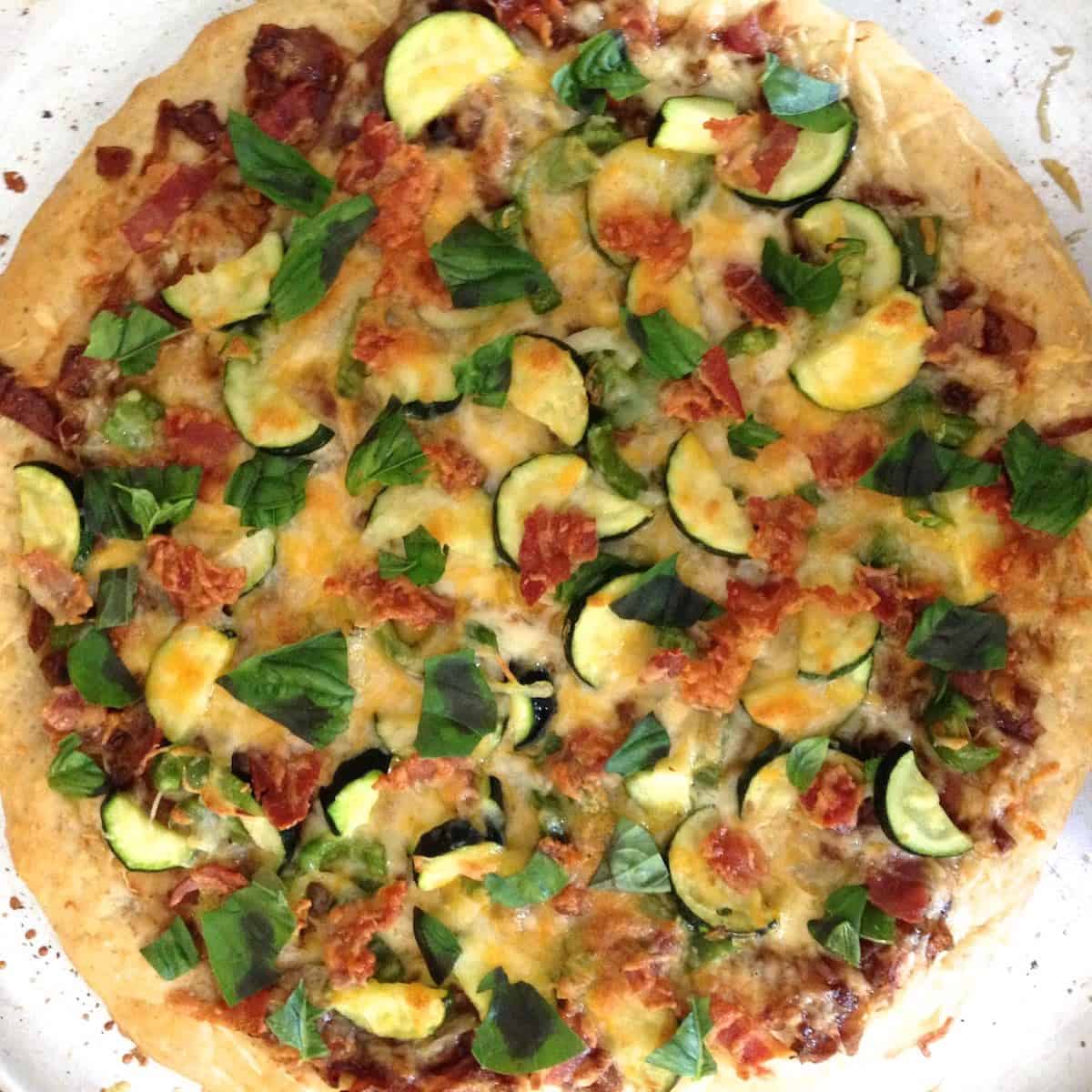 garden therapy benefits Vegetable pizza with caramelized BBQ onion sauce, bacon and basil
