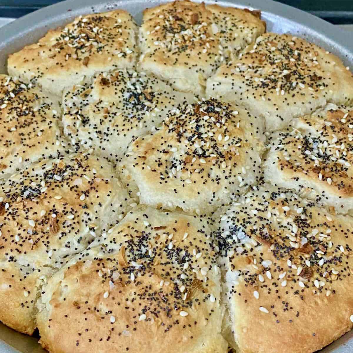 Baked biscuits in a pan.