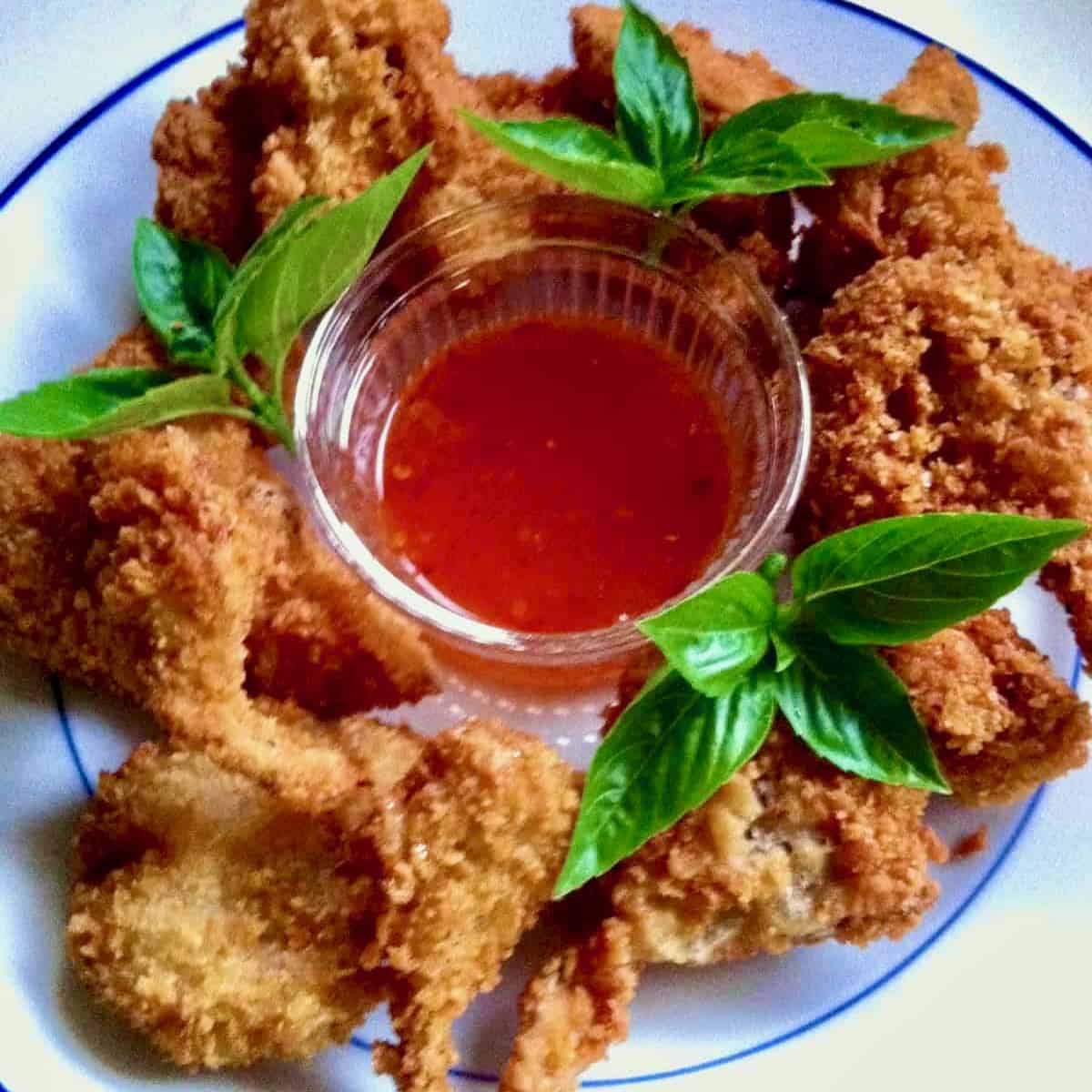 Crispy Coconut Oyster Mushrooms with Sweet Asian Chili Sauce.