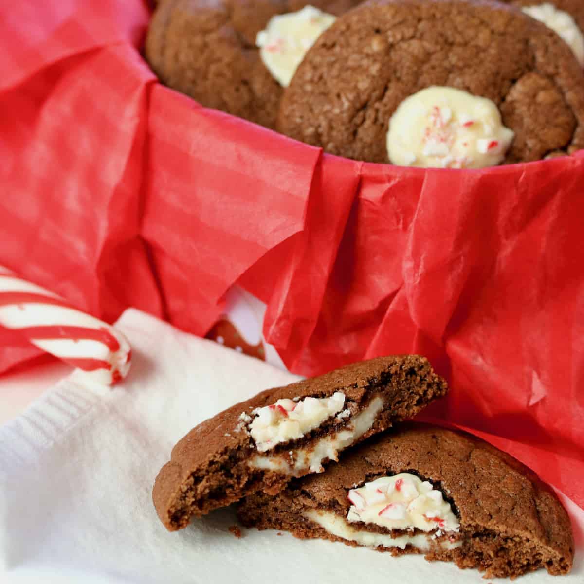 Peppermint stick cheesecake stuffed cookies. 