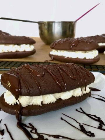 Devil dog drizzled with chocolate.