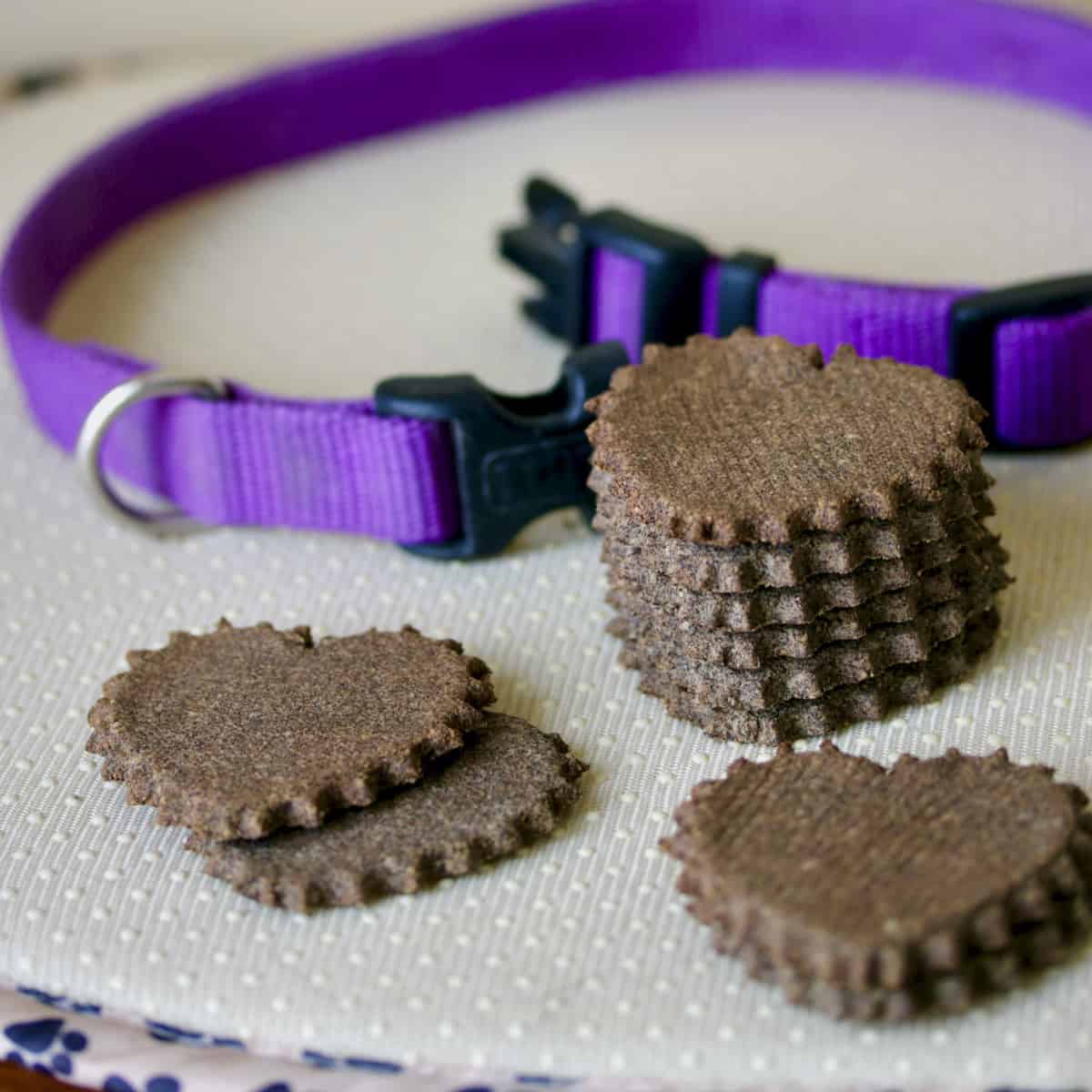 Dog biscuits and purple dog collar.
