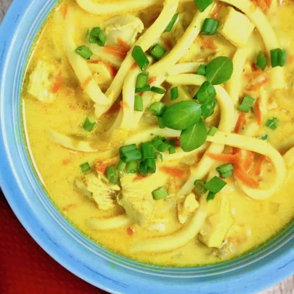 Bowl of mulligatawny noodle soup.