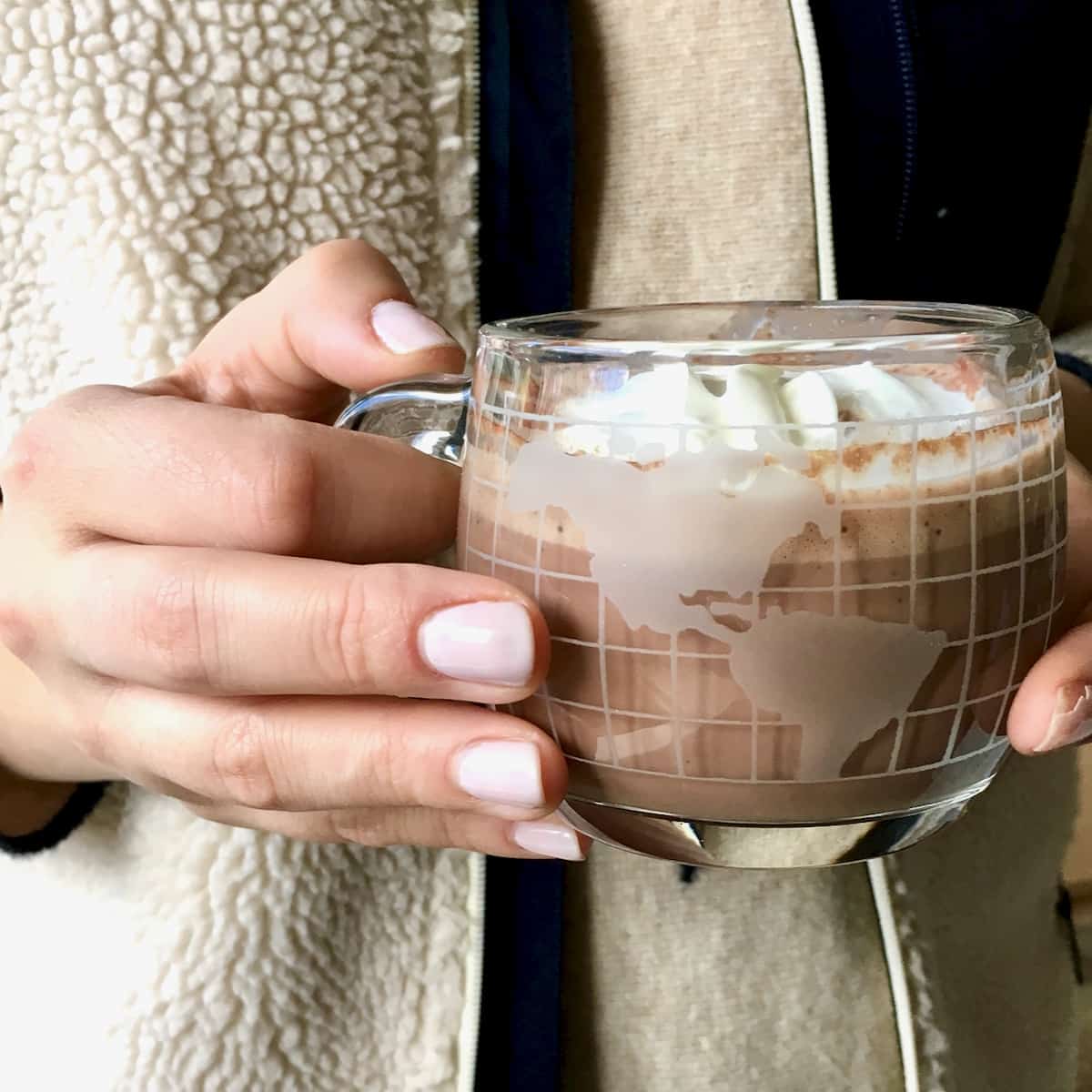 Hands holding cup of hot chocolate.