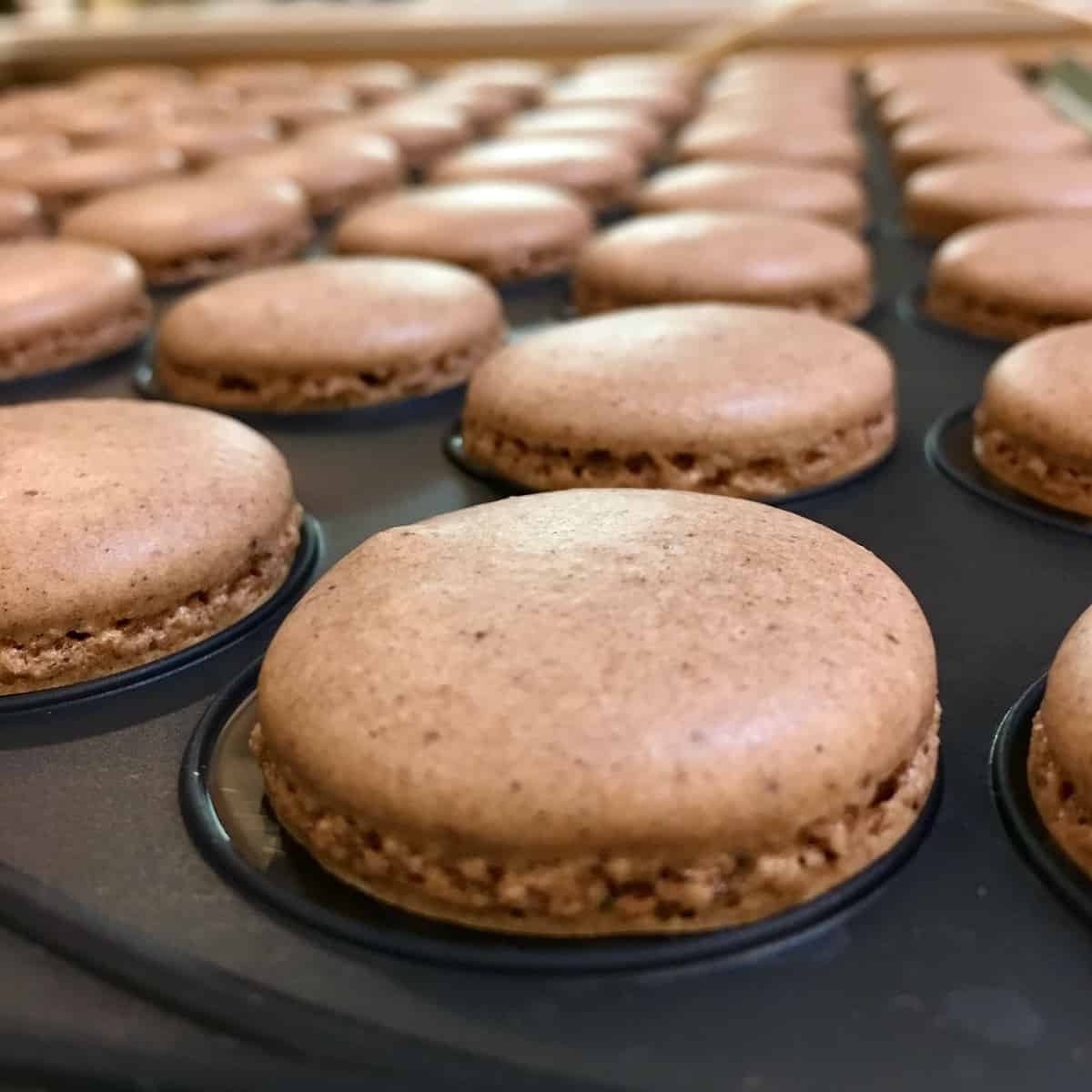 Baked chocolate macaron showing foot.