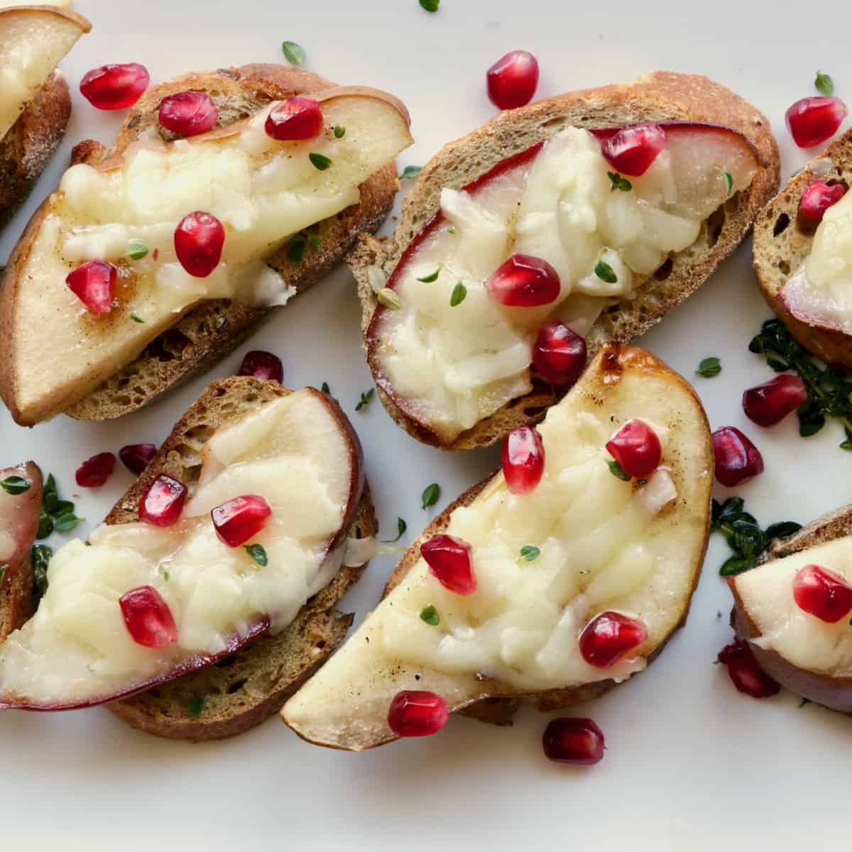 Pear crostini on serving platter.