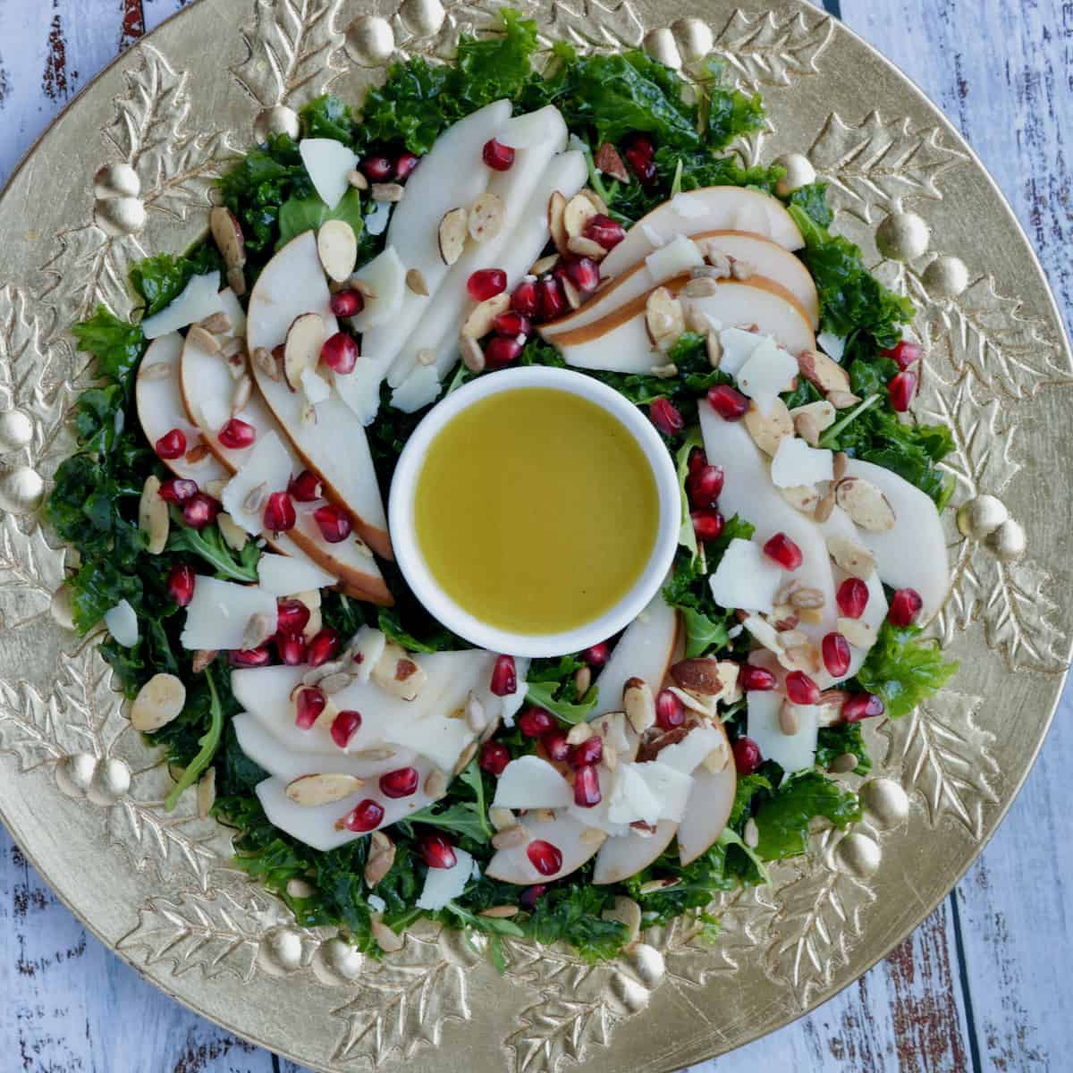 Pear salad on gold platter.