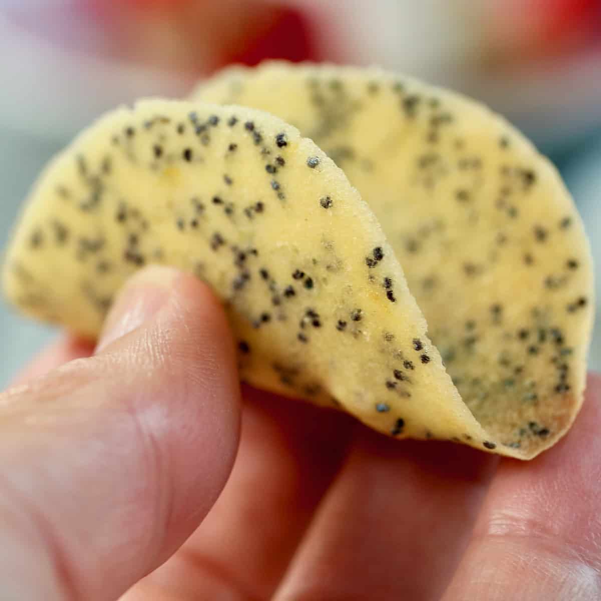 Best poppy seed cookie bent into taco shell shape.