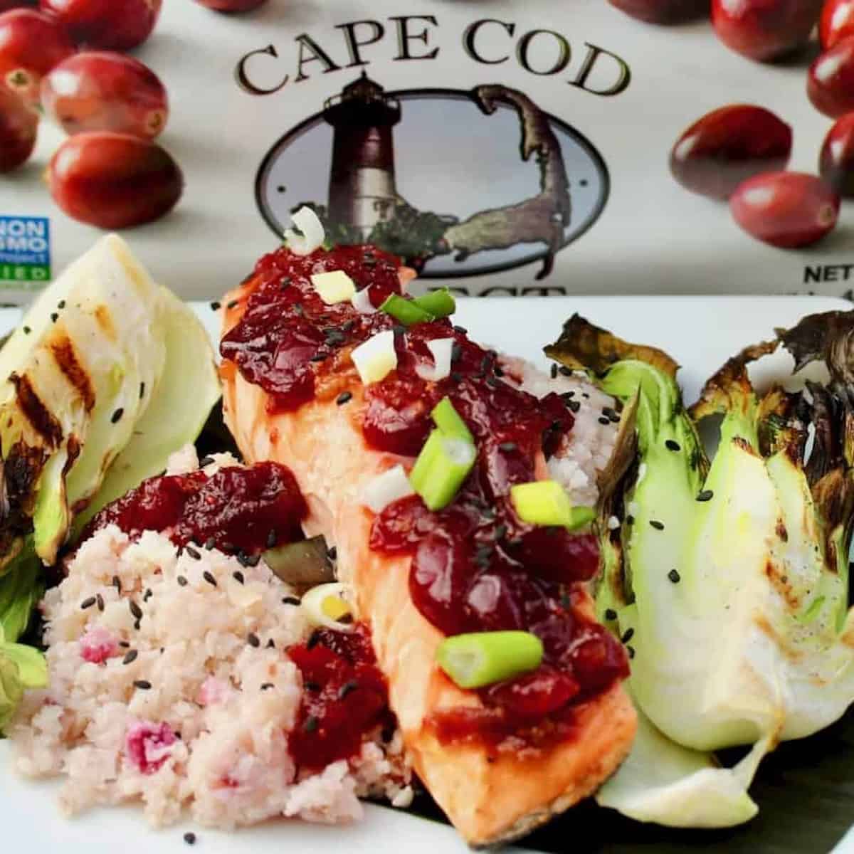 Grilled Cranberry Glazed Salmon In Banana Leaf With Cranberry Cauliflower Rice.