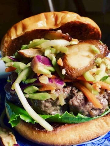 Stir fry shitake burger with slaw.