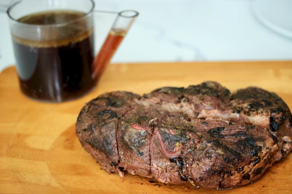 Cooked sous vide chuck roast and bag drippings.
